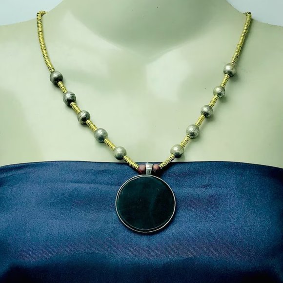 Metal And Wooden Beaded Chain Pendant Necklace, Handmade Light Weight Pendant - Picture 1 of 8